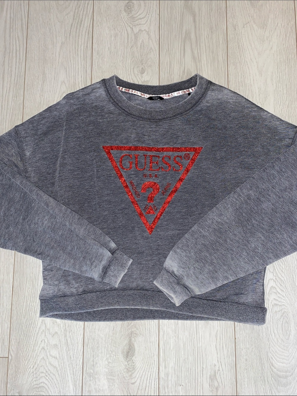 GUESS Gray Crewneck Sweatshirt with Red Glitter Logo